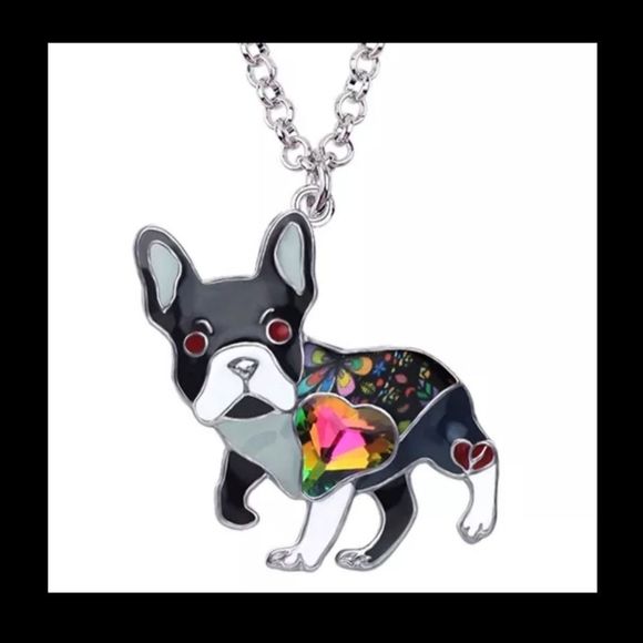 Silver titanium enamel and rainbow crystal French Bulldog boho necklace new - Picture 1 of 5